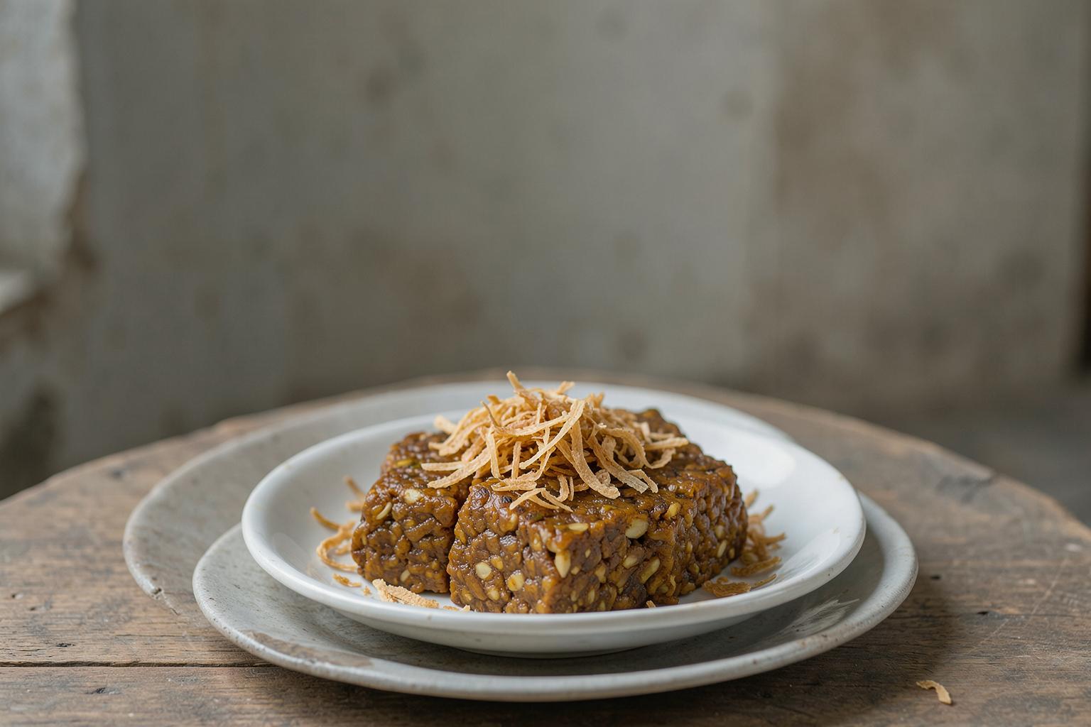Tempe bacem di atas piring dengan taburan bawang goreng