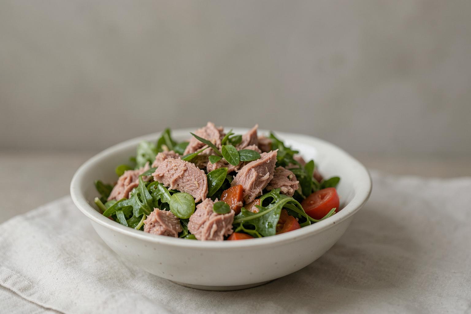 Zeytinyağlı bitkisel ton balığı salatası, Ege usulü bir meze olarak servis ediliyor.