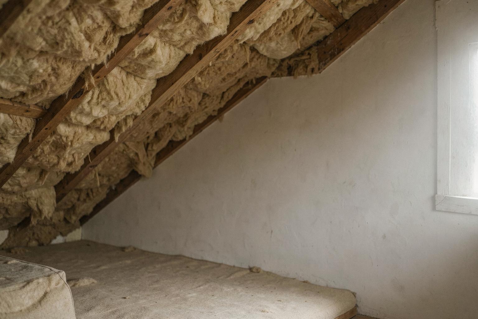Vista del ático de una casa antigua con aislamiento de lana mineral