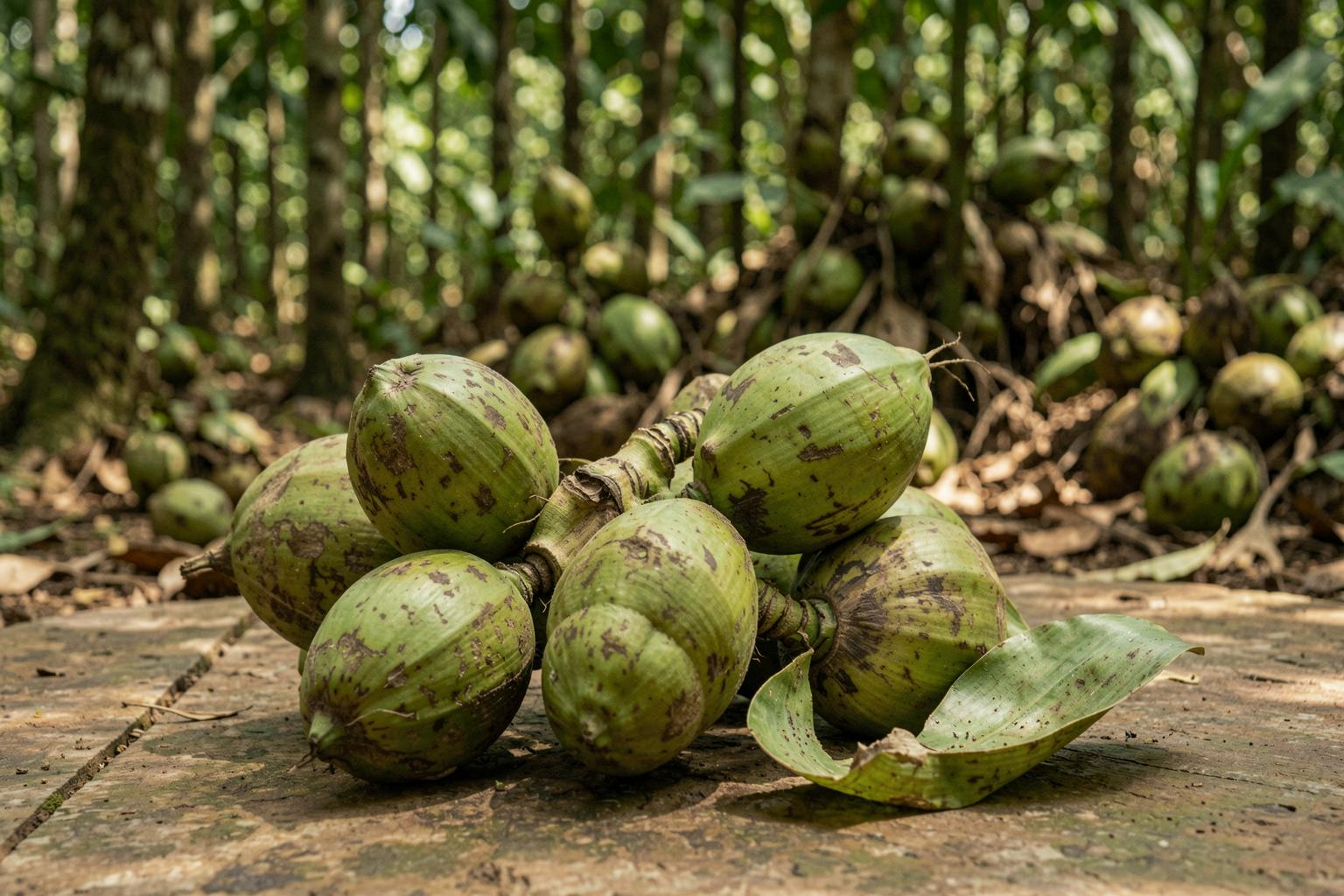 Plantação de coco em sistema agroflorestal no sul da Bahia, Brasil, onde o coco é cultivado em harmonia com a Mata Atlântica.
