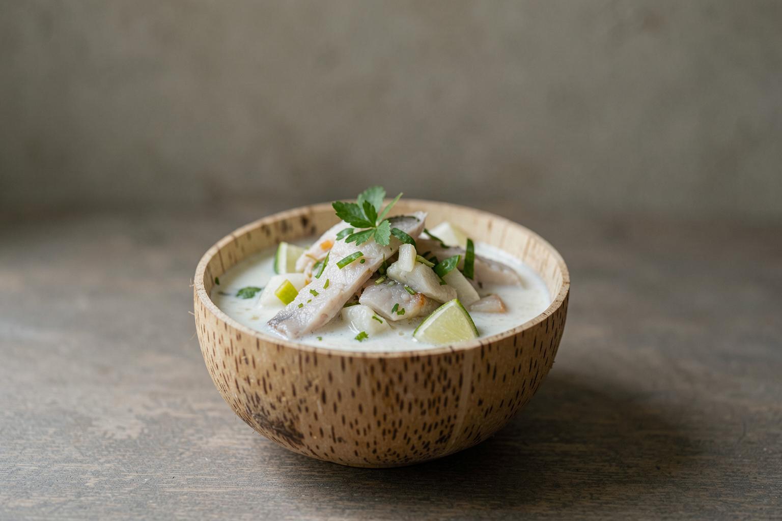 Kokoda fijiana, um prato de peixe cru marinado em leite de coco, limão e vegetais, servido em tigela de coco.