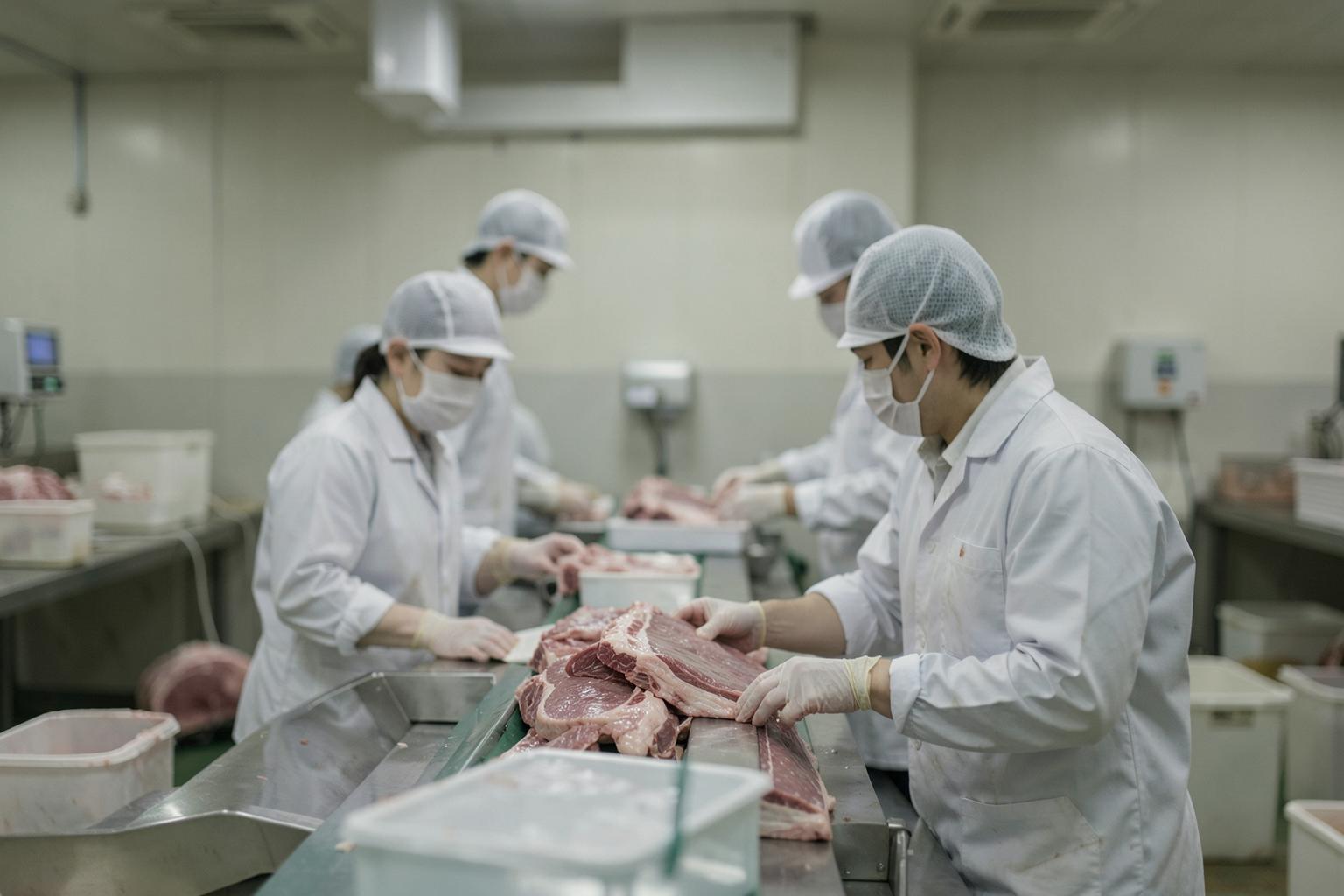日本の食肉処理施設で働く作業員の姿