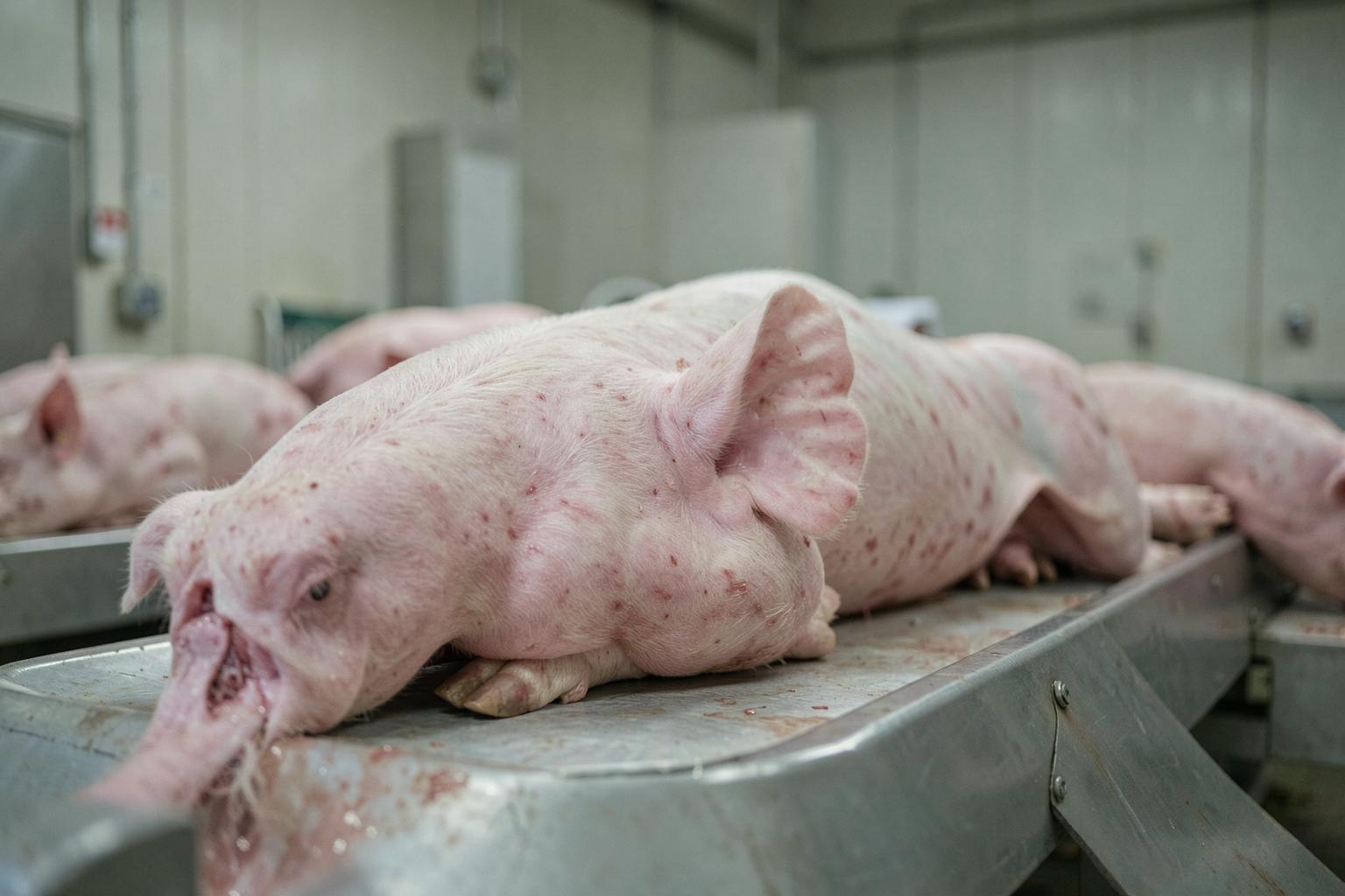 日本の食肉処理ラインで運ばれる豚。高速化が動物の福祉に悪影響を及ぼす。