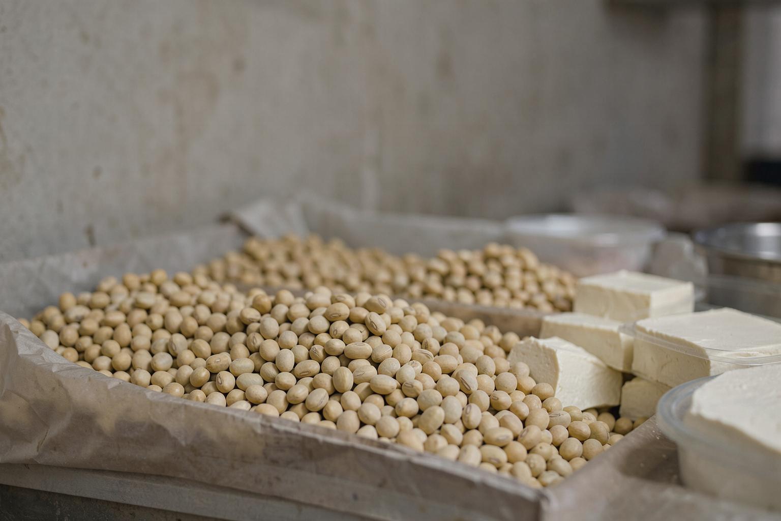 中国市场上新鲜的大豆和豆腐展示