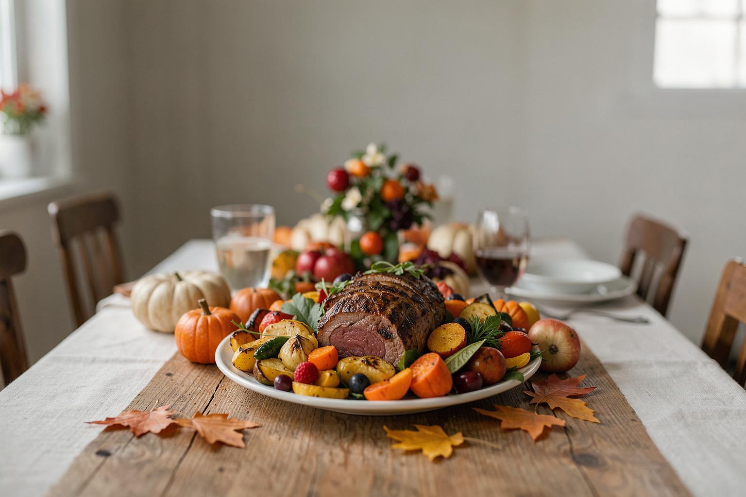 A festive autumn table laden with a vegan centerpiece, roasted vegetables, and seasonal decorations