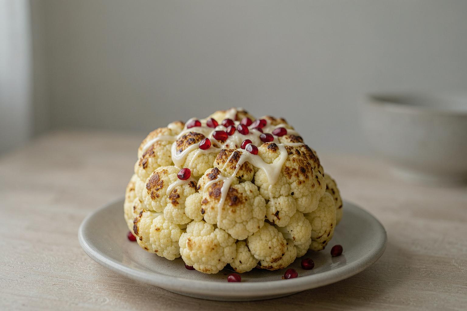 A whole roasted cauliflower with tahini and pomegranate seeds makes a stunning vegan centrepiece.