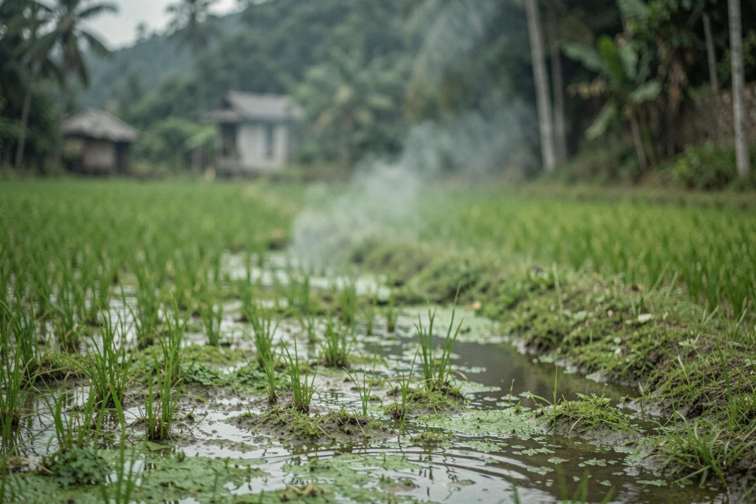 Tanawin ng palayan at babuyan na may usok at tubig na may kulay berde dahil sa nitrogen runoff