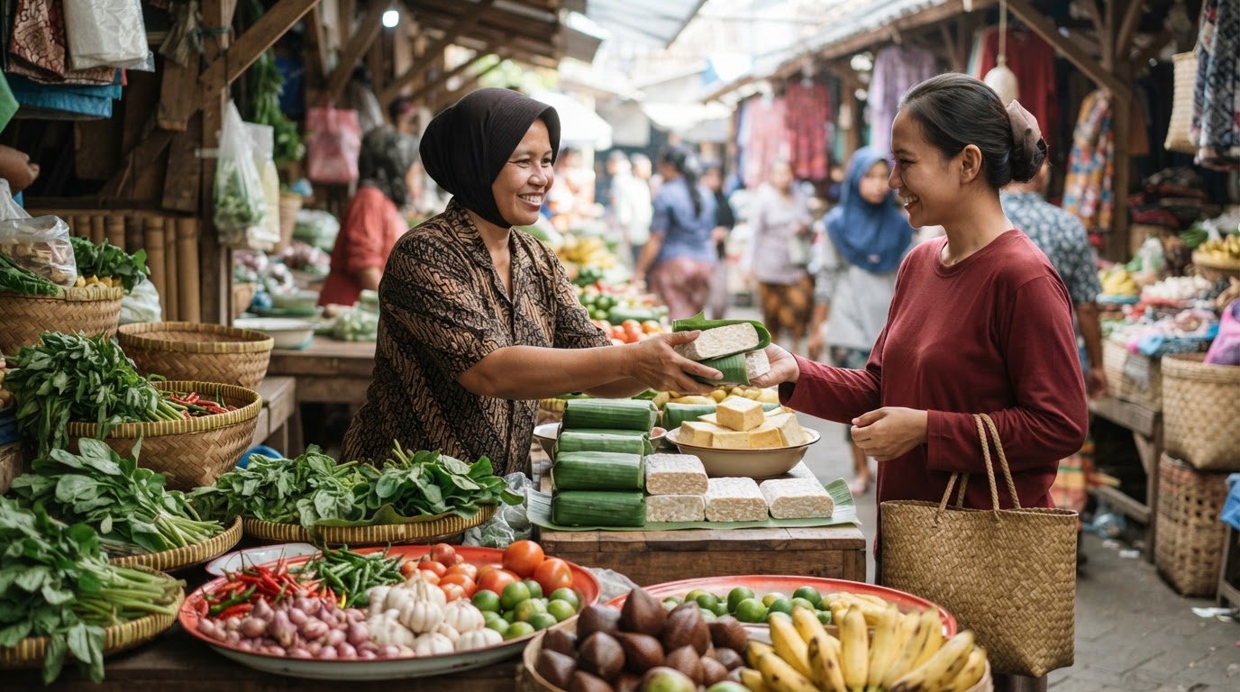 Stan pasar Indonesia yang menjual beragam hasil bumi segar dan tempe
