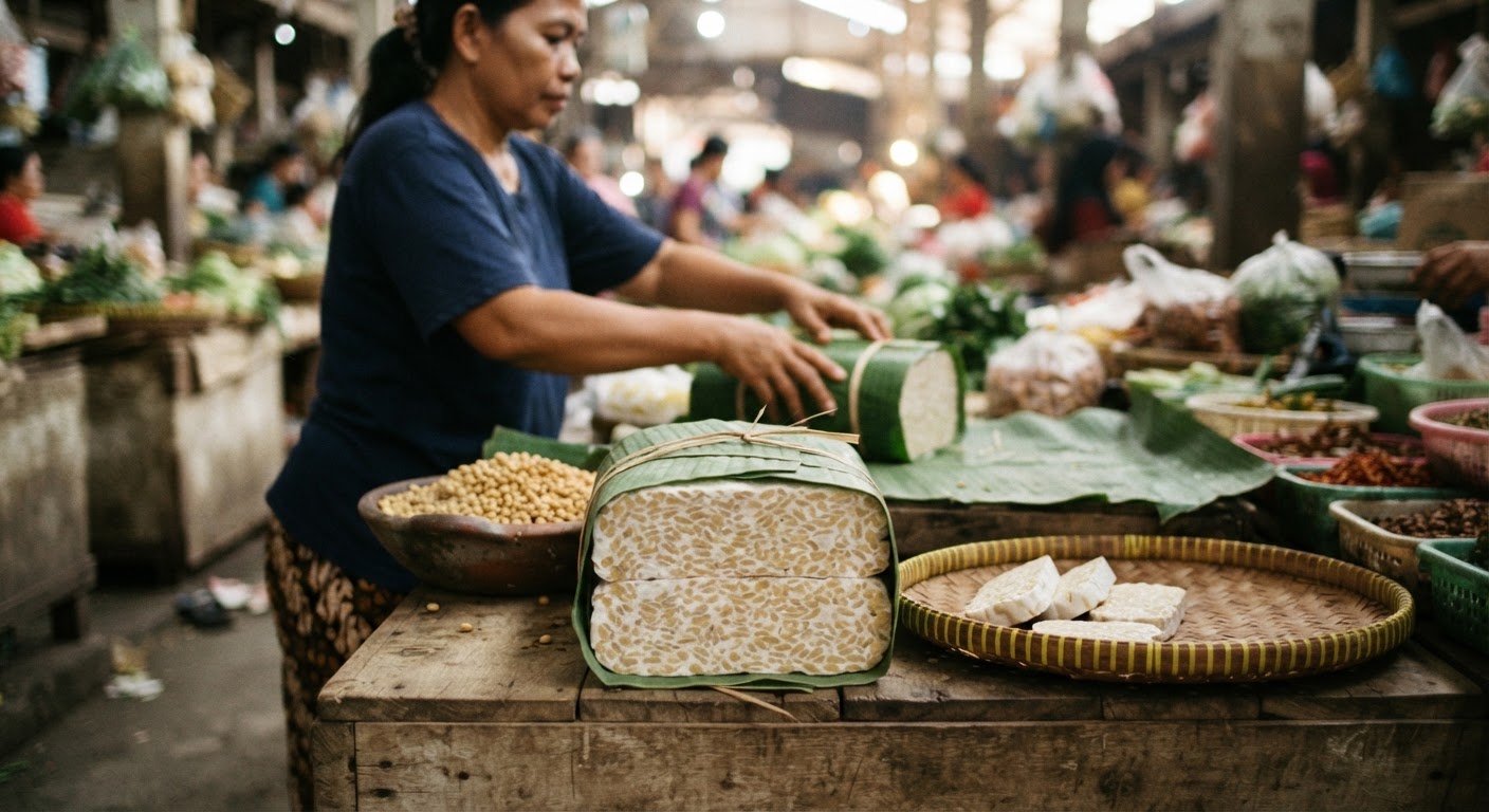 Tempe, sumber protein nabati yang kaya dan serbaguna, mudah ditemukan di pasar-pasar Indonesia.