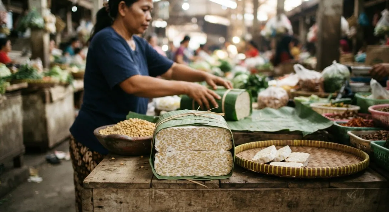 Tempe, sumber protein nabati yang kaya dan serbaguna, mudah ditemukan di pasar-pasar Indonesia.