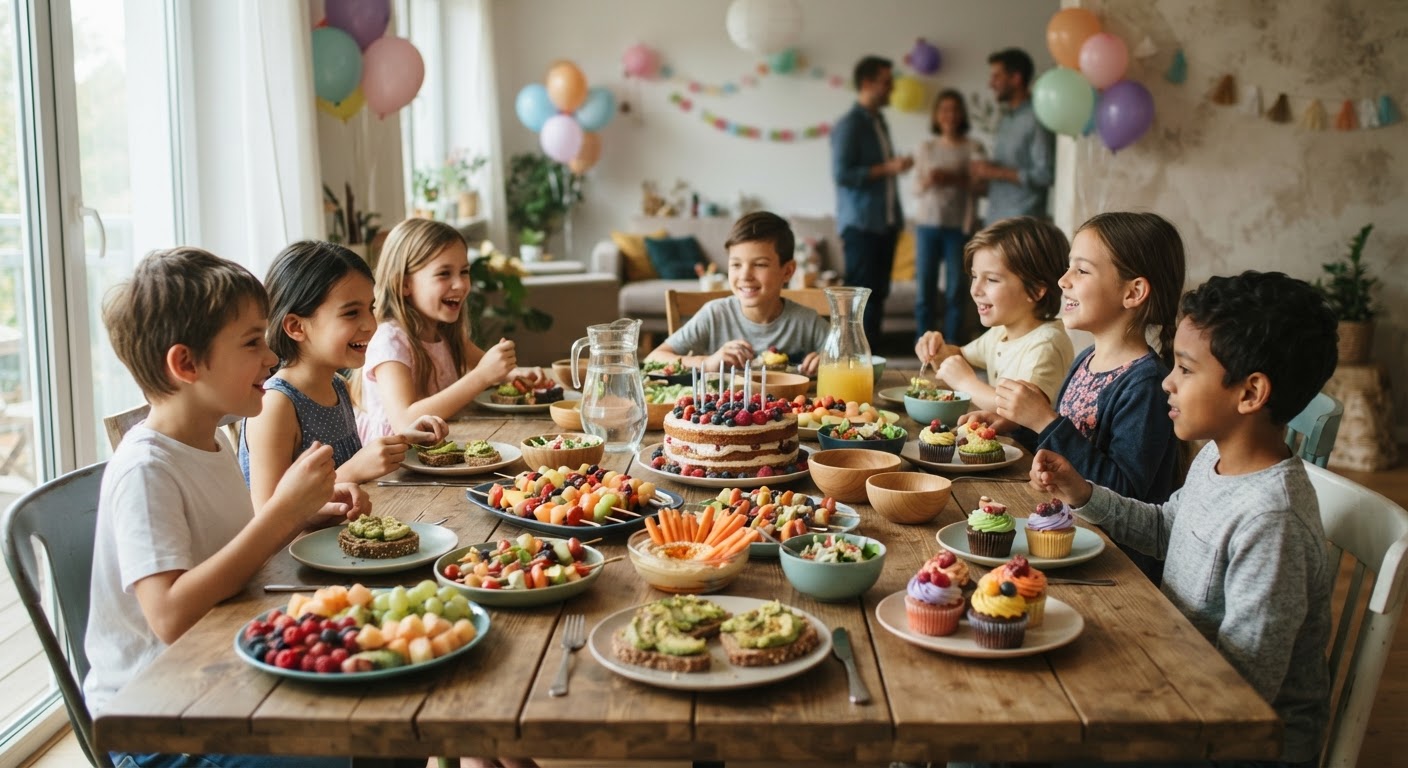 Çocukların doğum günü partisi masasında vegan yiyecekler
