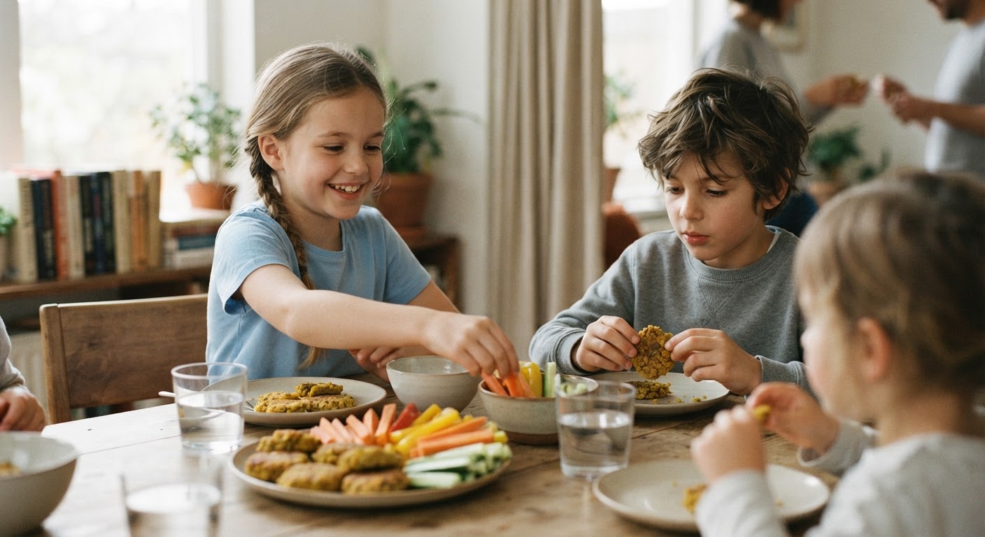 Mini mercimek köfteleri ve renkli sebze çubukları, çocuk partileri için idealdir.