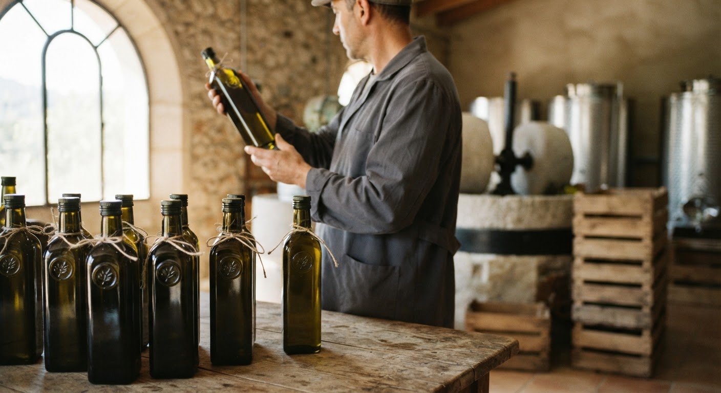 Botellas de aceite de oliva con sellos de Denominación de Origen Protegida, un símbolo de calidad y procedencia.