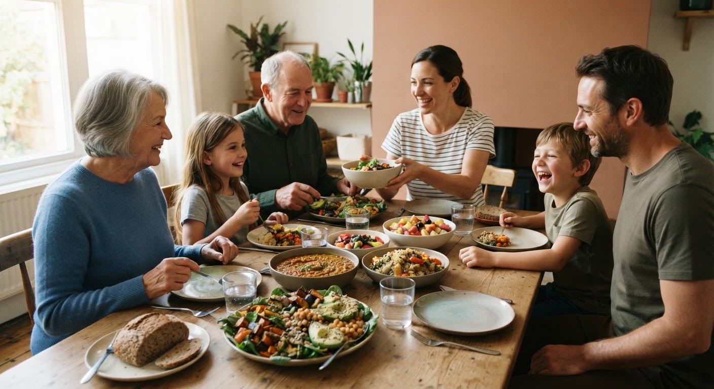 Família reunida à mesa, partilhando uma refeição colorida e diversificada à base de plantas.