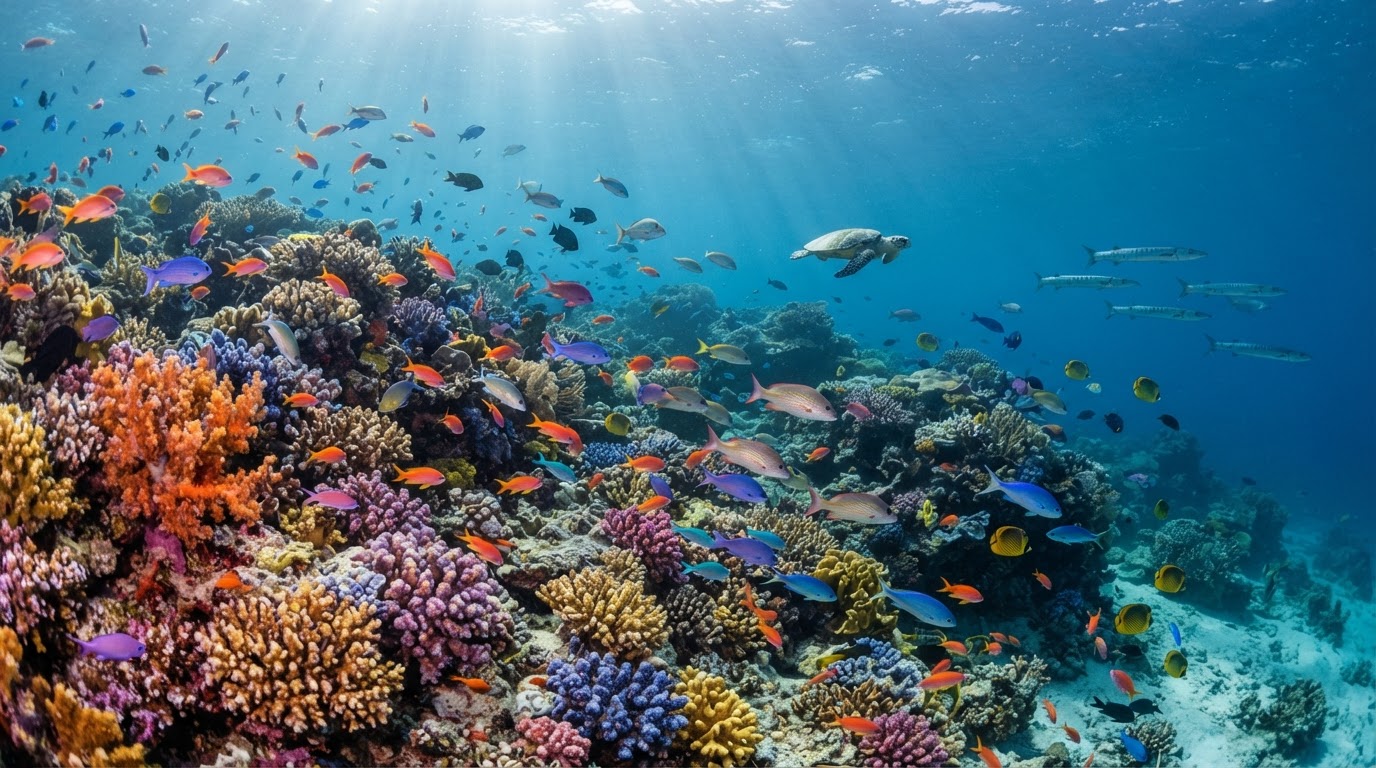 Un récif corallien sous-marin vibrant de couleurs avec des poissons.
