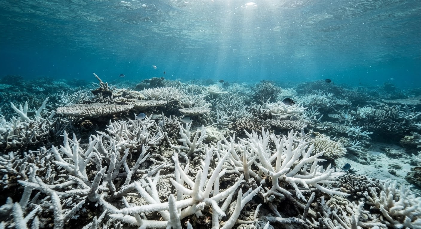 Un récif corallien blanchi, signe de stress lié au réchauffement climatique.