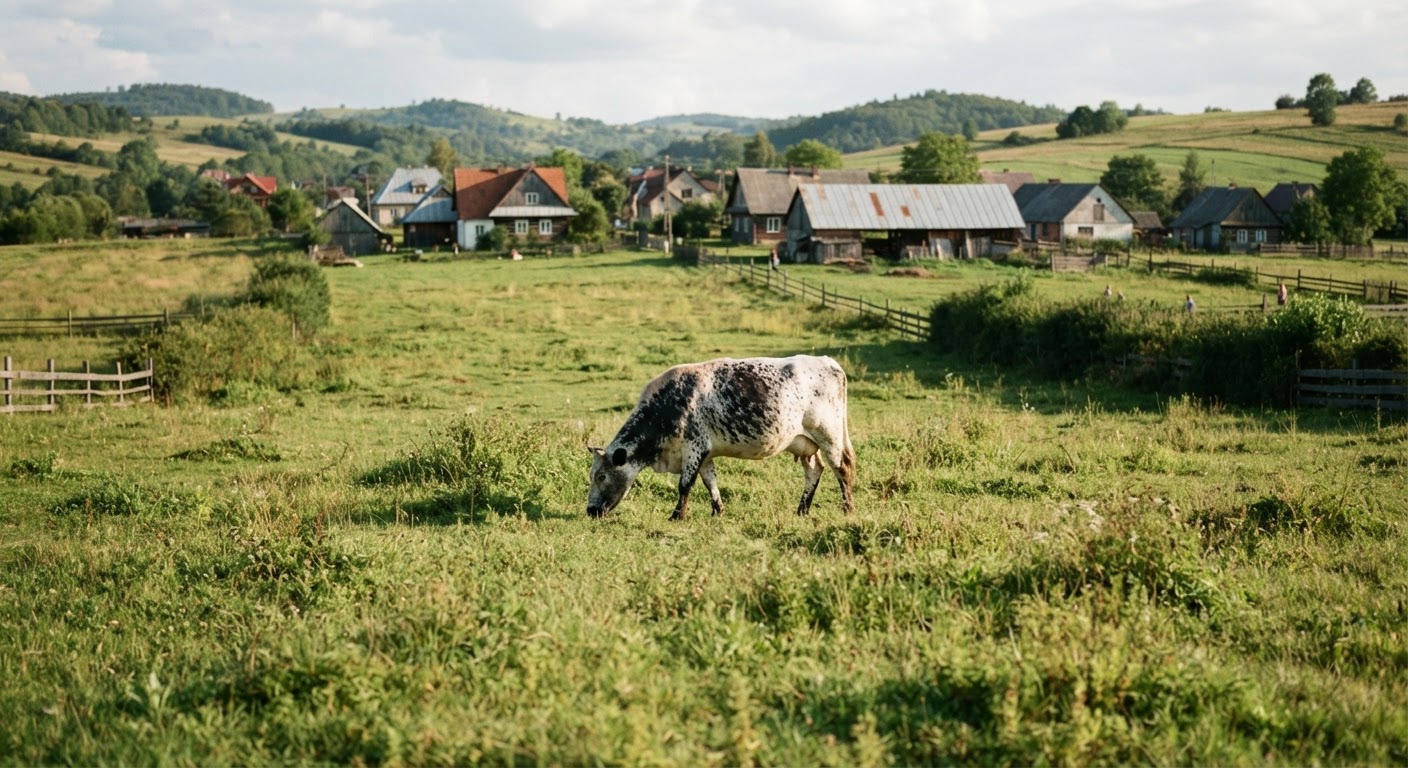 Krowa pasąca się na polskim polu w pobliżu wsi.