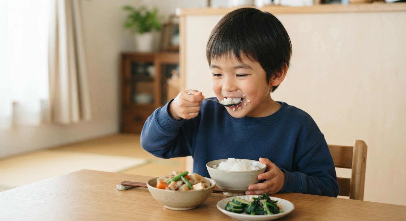 日本の子供がご飯と野菜を食べている様子