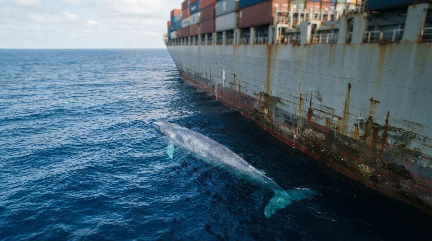 A large blue whale swims cautiously near the hull of a massive container ship at sea.