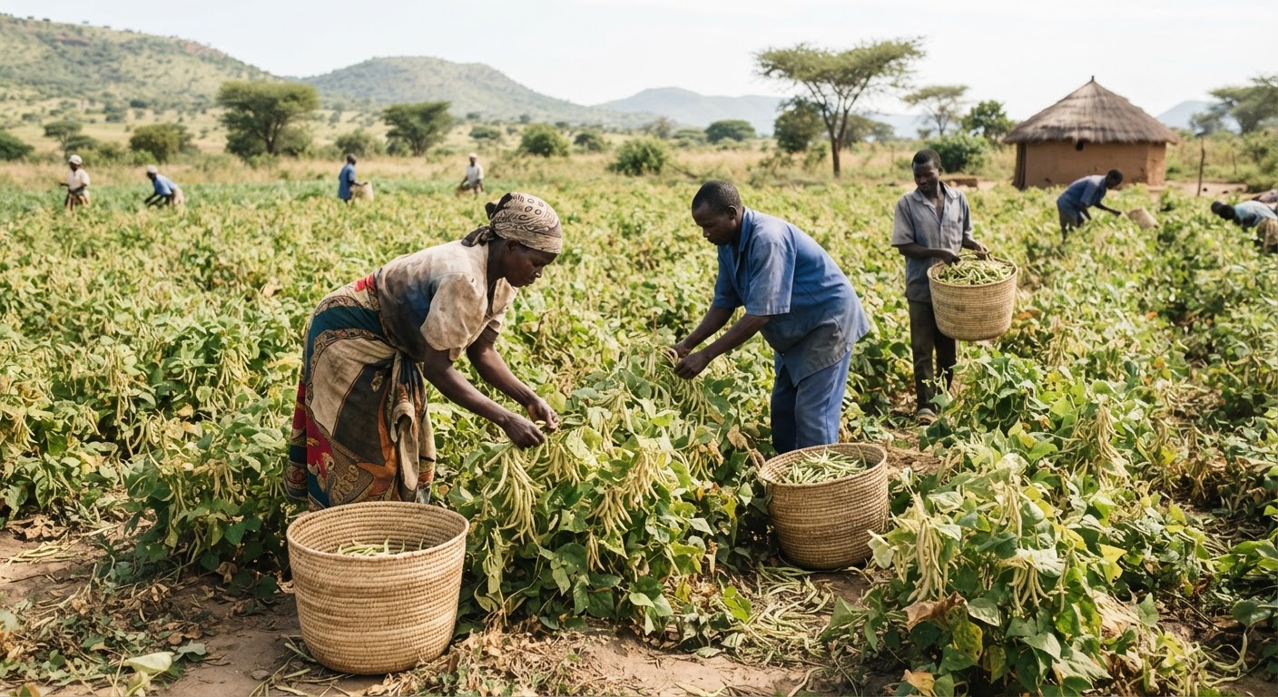 Wakulima wakivuna maharagwe katika shamba la jadi barani Afrika.
