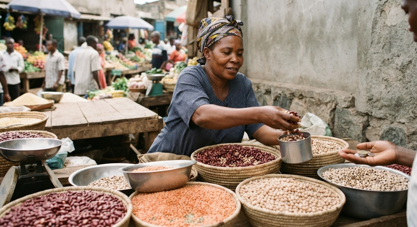 Mwanamke wa Kiafrika akiuza maharagwe katika soko la kisasa, akionyesha umuhimu wa maharagwe katika uchumi wa ndani.