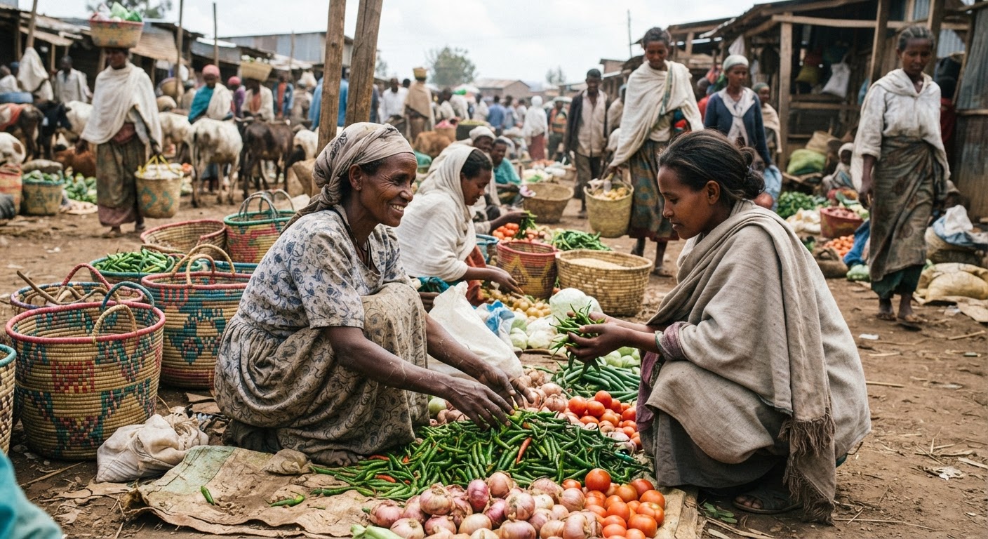 የኢትዮጵያ ገበሬዎች ምርቶቻቸውን ለገበያ ሲያቀርቡ የሚያሳይ ምስል፤ የውል ገበሬነት ይህንን ግንኙነት ሊያሻሽል ይችላል።