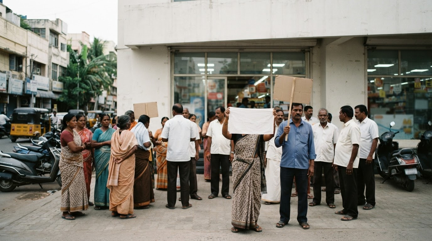 சென்னையில் ஒரு பல்பொருள் அங்காடிக்கு வெளியே ஆர்ப்பாட்டக்காரர்கள் பதாகைகளை ஏந்தியுள்ளனர்