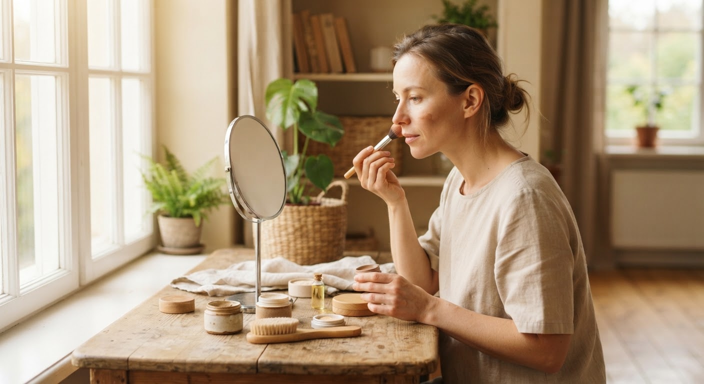 Một người phụ nữ đang trang điểm với các sản phẩm tự nhiên trong một căn phòng ngập nắng
