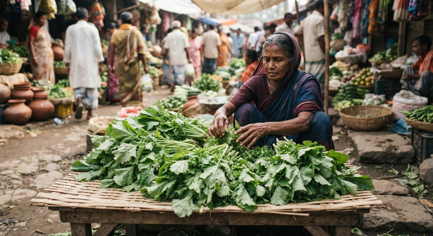 সতেজ সরিষা শাক, যা বাঙালি রান্নায় একটি অপরিহার্য অংশ এবং তোফুর সাথে সুষম খাদ্য তৈরি করে।