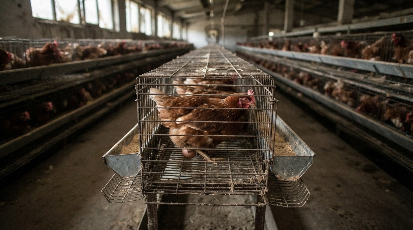 Isang manok na nakahiga sa isang kulungan at nangingitlog.