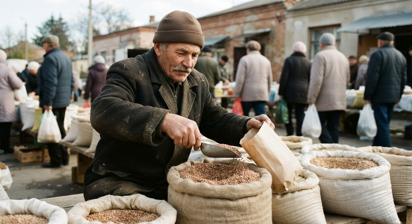 Місцевий фермер продає гречку на українському ринку, демонструючи доступність цільнозернових продуктів.