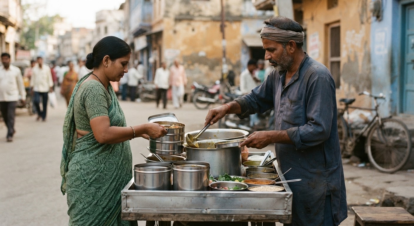 भारतीय स्ट्रीट फ़ूड विक्रेता पुन: प्रयोज्य डिब्बों का उपयोग करते हुए