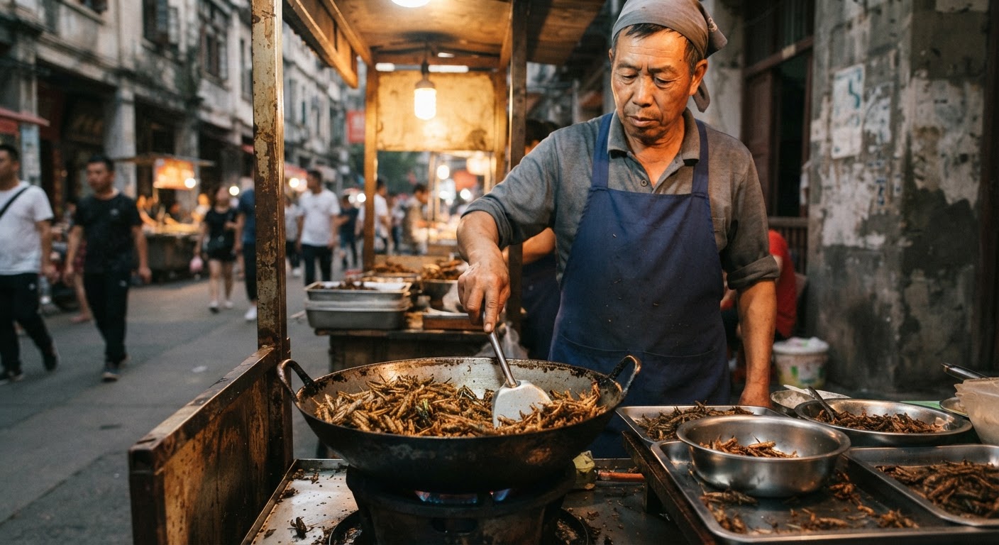 中国街头小吃摊上的炸蚱蜢,是传统食用昆虫的一种形式。