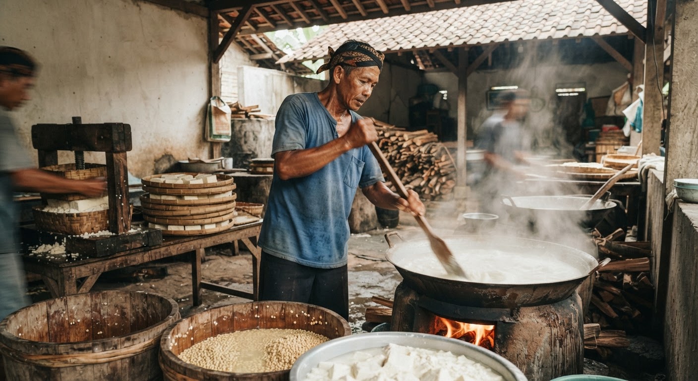 Petani Indonesia memproduksi tahu secara tradisional, sebuah alternatif pangan nabati yang minim dampak lingkungan.
