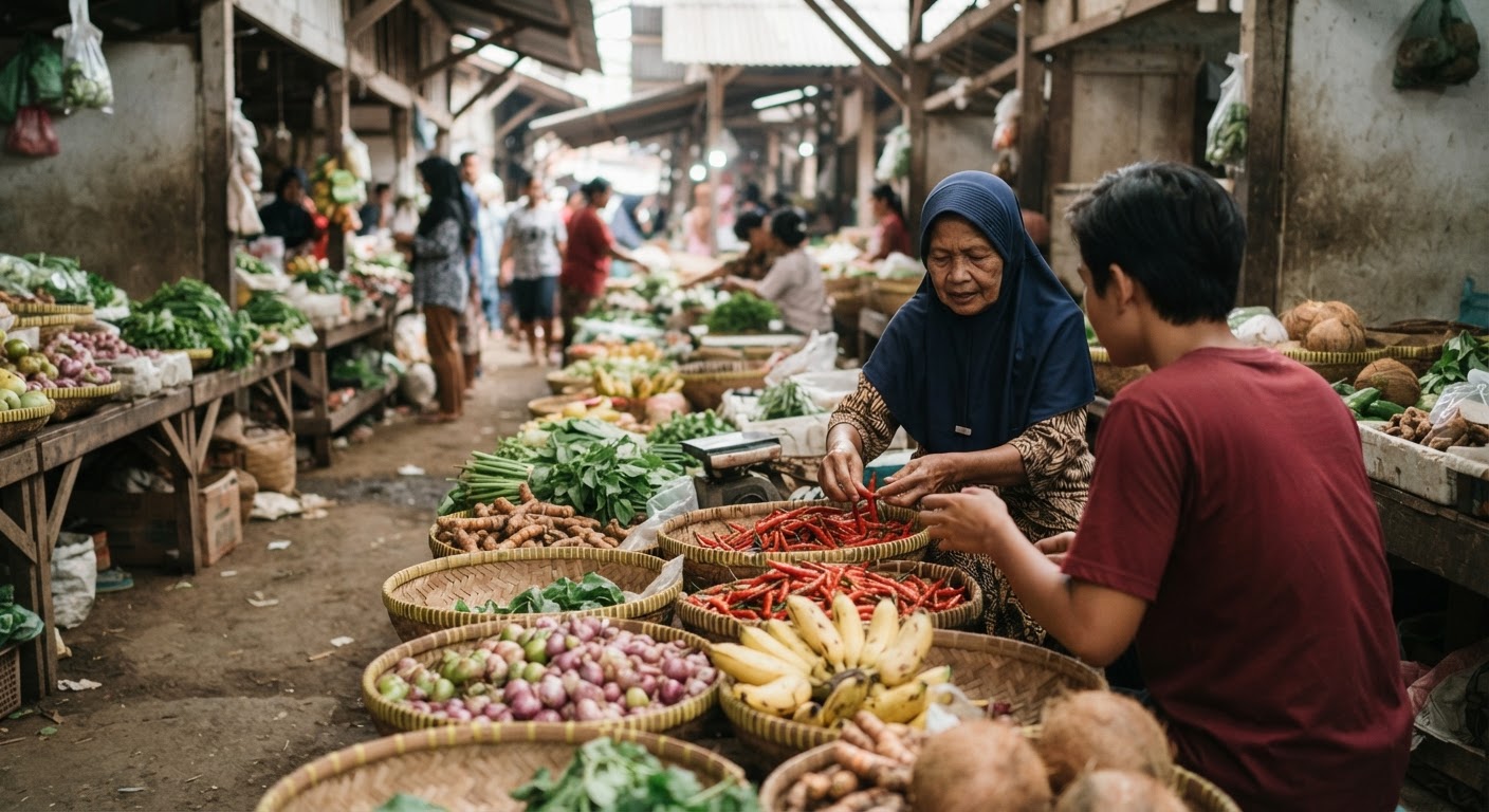 Pasar tradisional di Indonesia menawarkan beragam hasil bumi lokal, mendukung rantai pasok pangan yang lebih pendek dan ramah lingkungan.