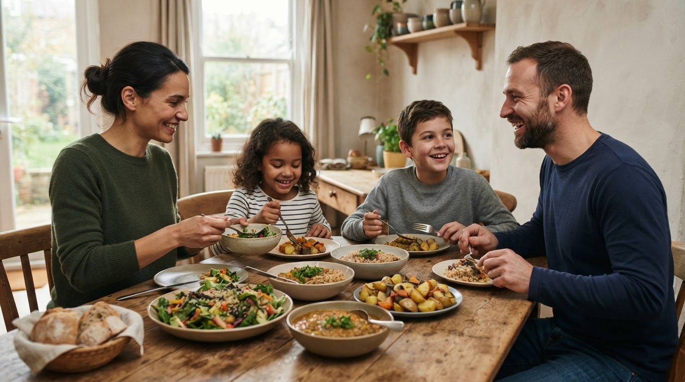 Familia compartiendo una comida vegana casera en una mesa rústica.
