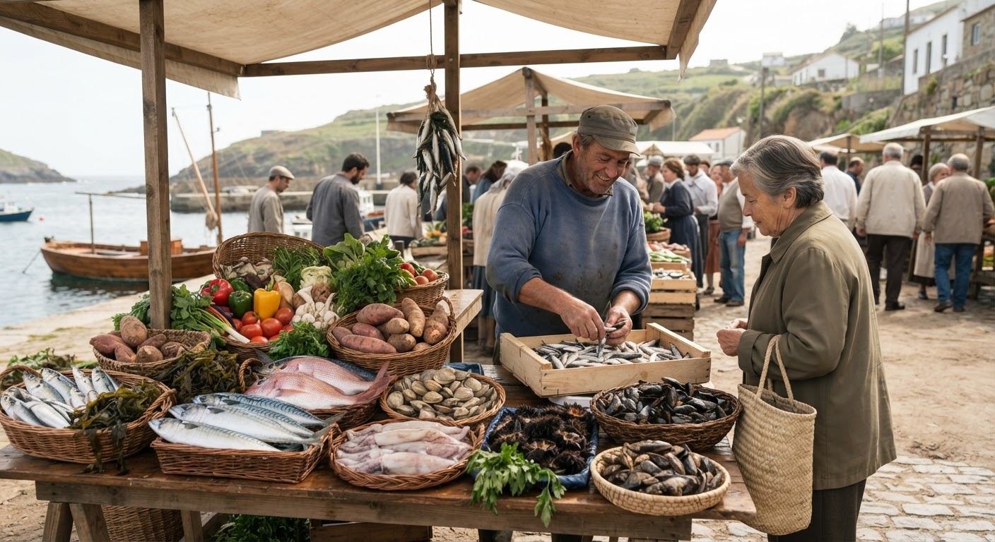 Bancada colorida numa feira de produtores com uma variedade de frutas, legumes e tubérculos regionais.