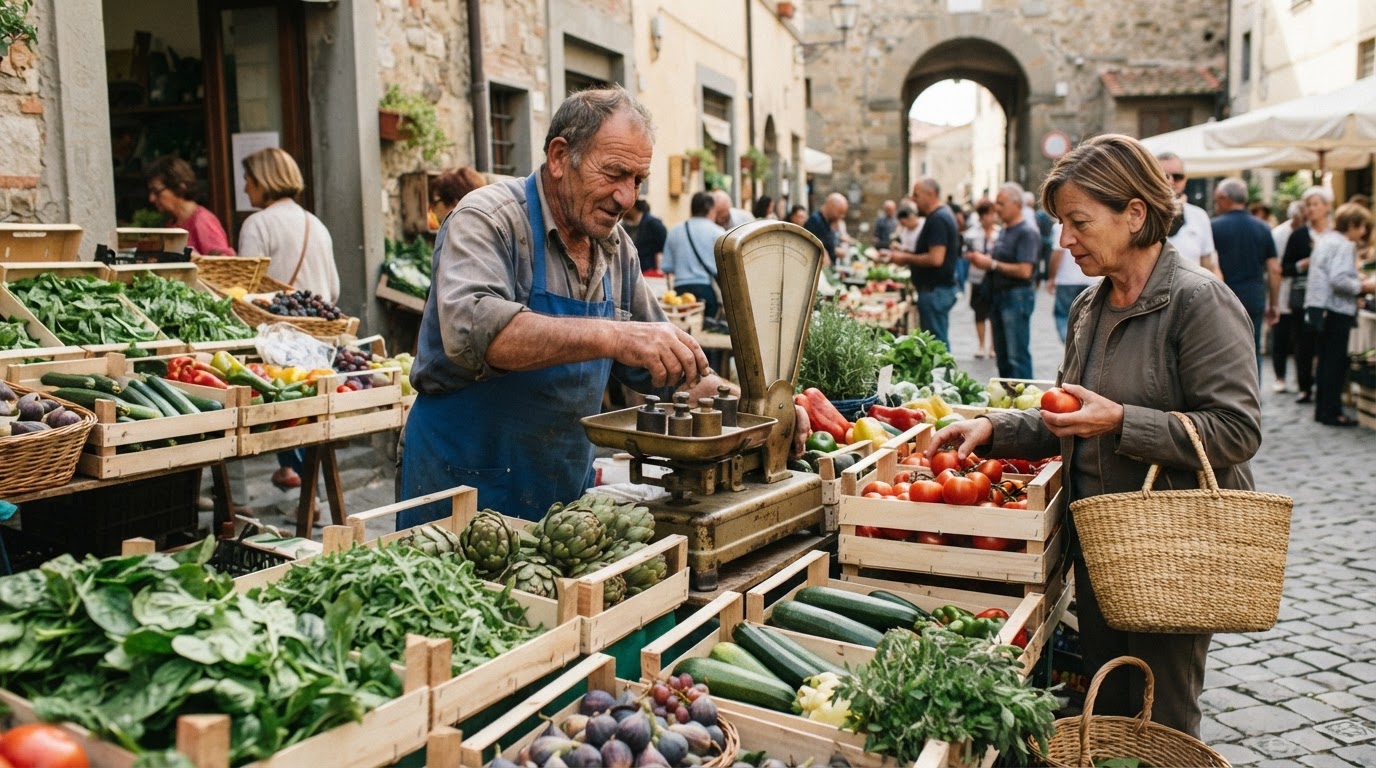 Un vivace mercato contadino italiano con verdure fresche, frutta e prodotti artigianali.