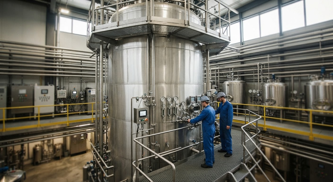 Ein großer industrieller Fermenterbehälter zur Herstellung von Mykoprotein.