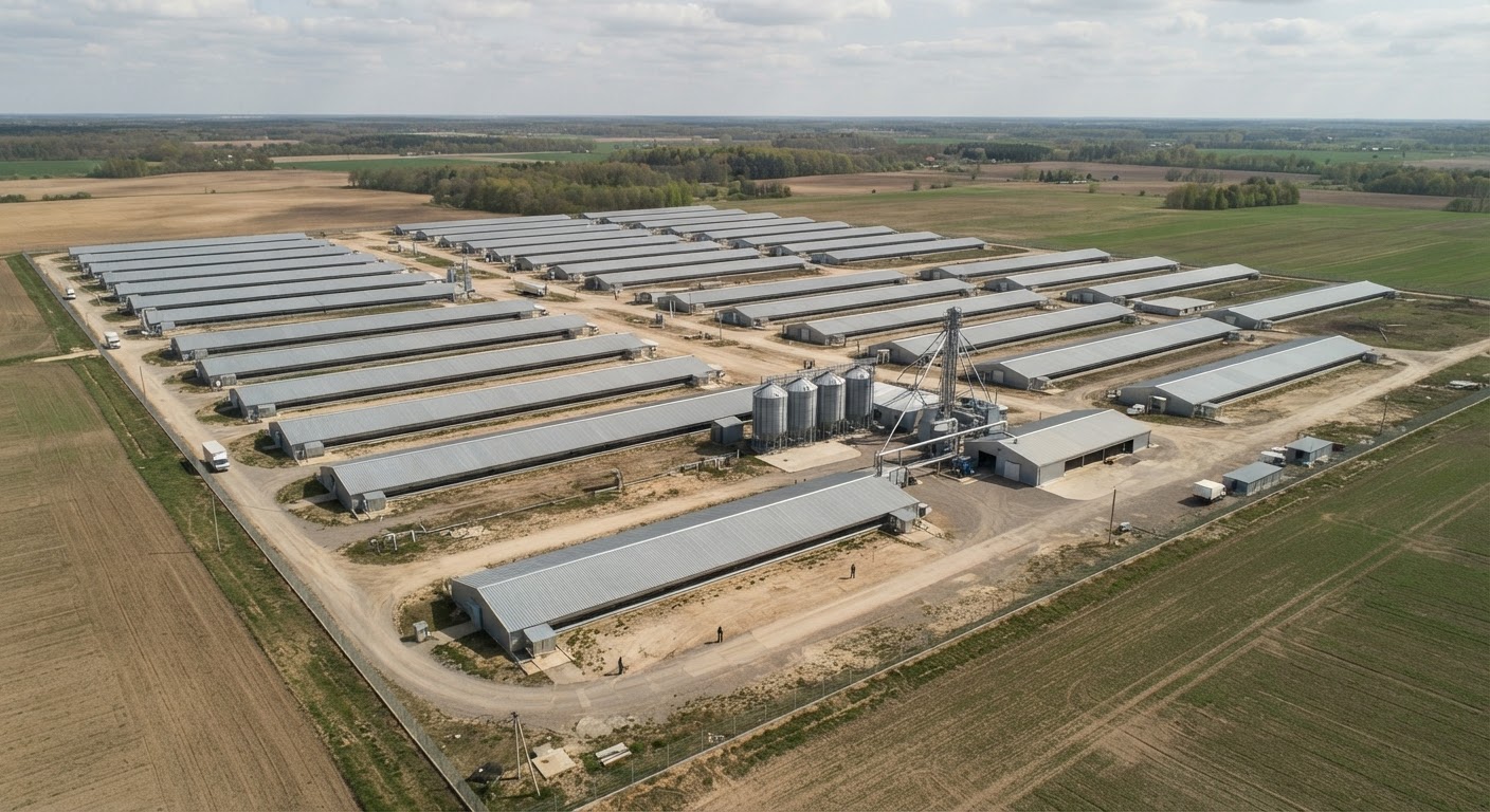 Vue aérienne d'une ferme industrielle avec de nombreux bâtiments