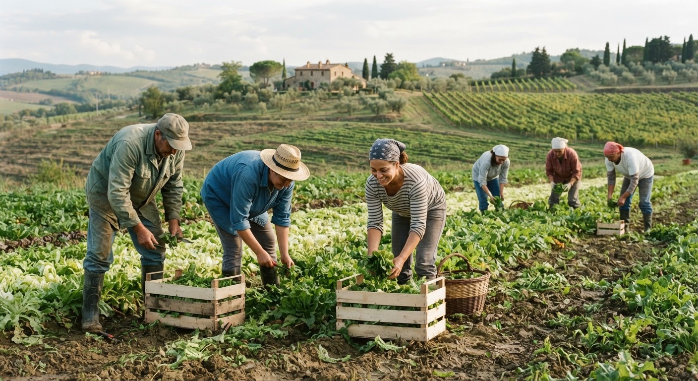 Membri di una cooperativa agricola italiana mentre lavorano insieme nei campi.