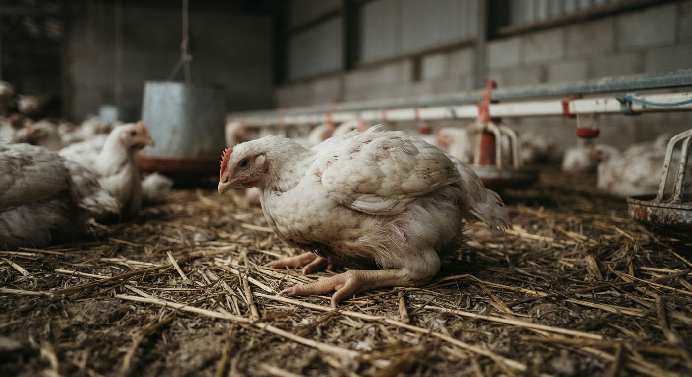 Une poule de chair moderne souffrant de problèmes de pattes dus à une croissance trop rapide.