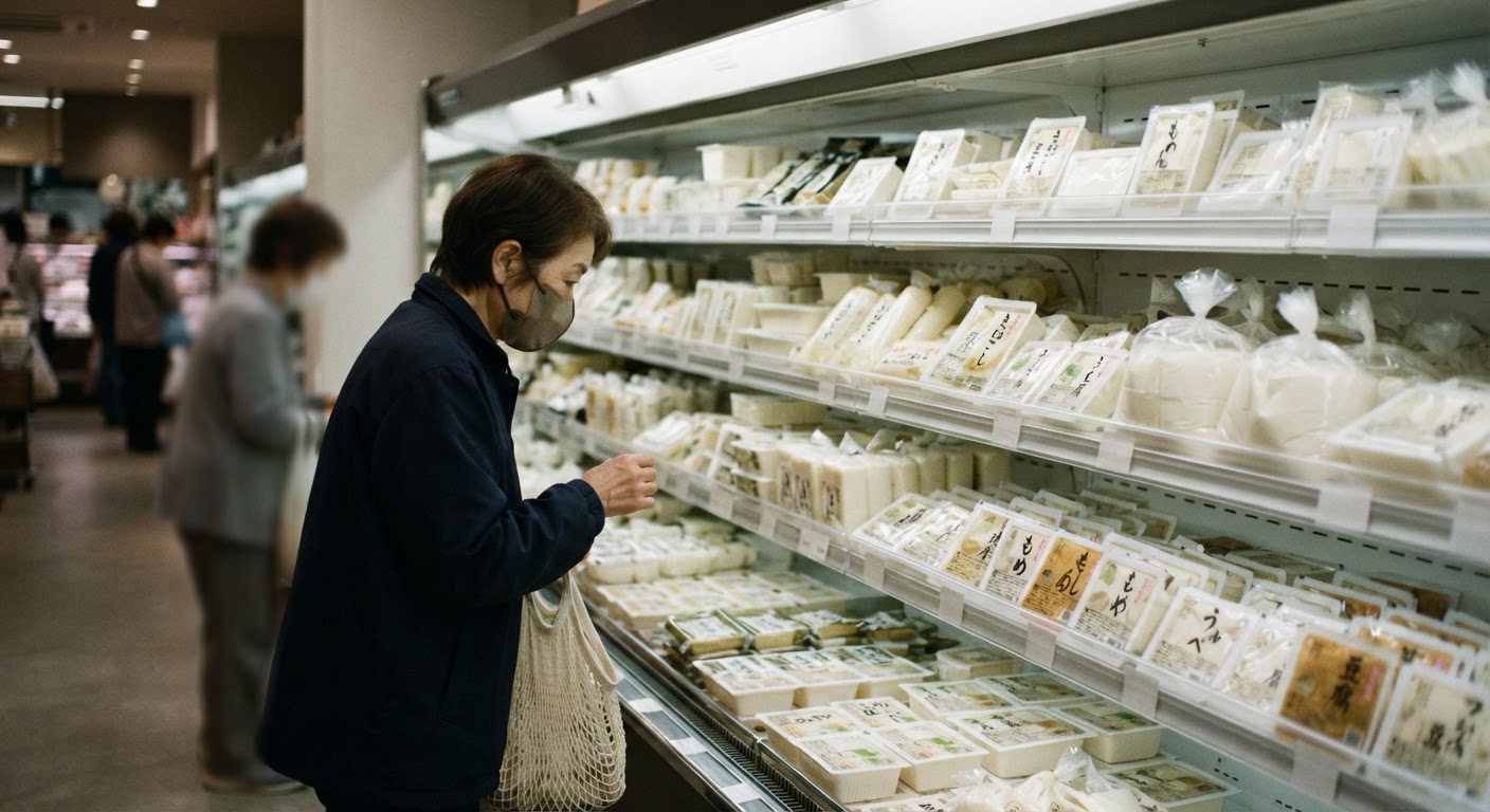 日本のスーパーマーケットに並ぶ多様な豆腐製品