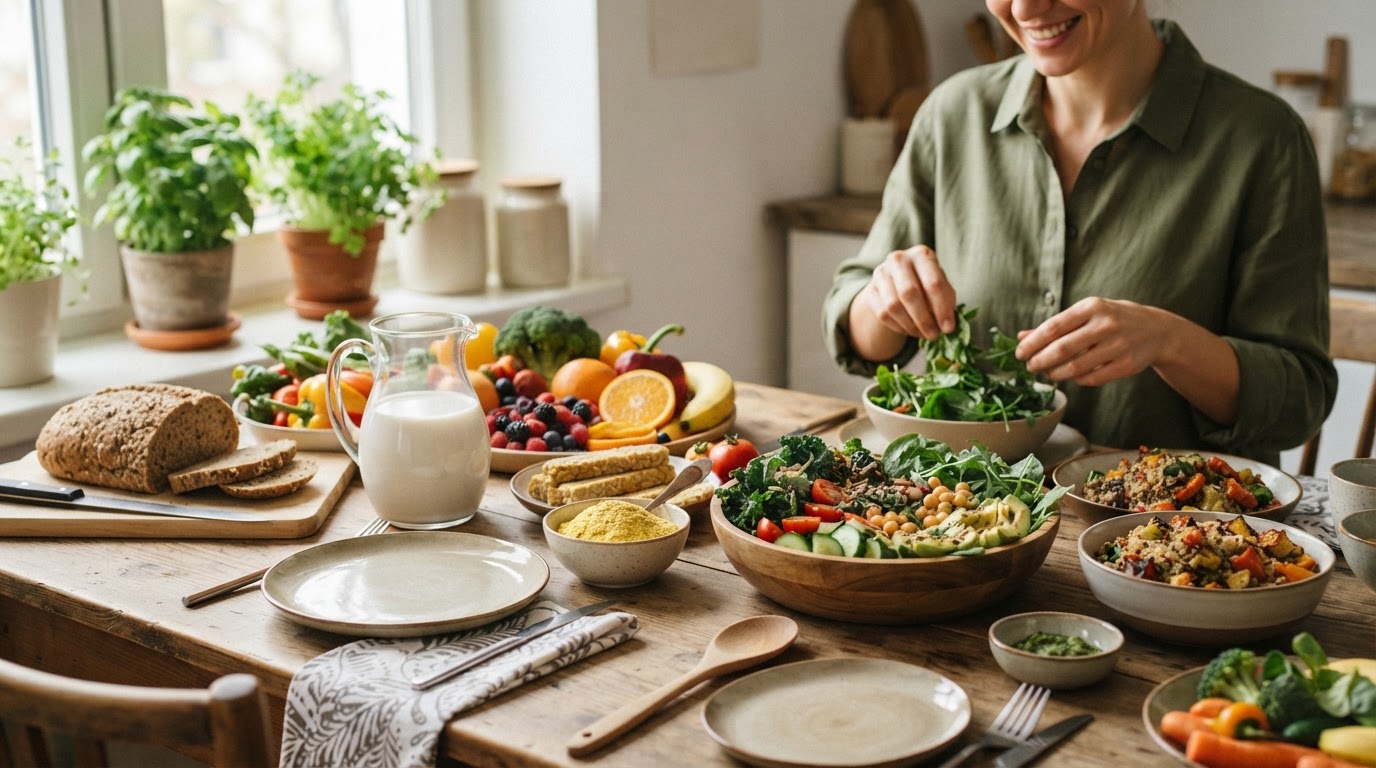 A colourful spread of vegan foods, including fortified nutritional yeast, plant milks, and leafy greens.