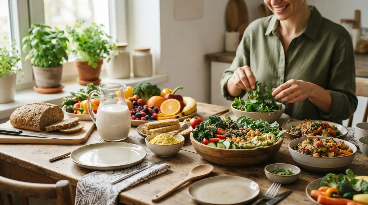 A colourful spread of vegan foods, including fortified nutritional yeast, plant milks, and leafy greens.