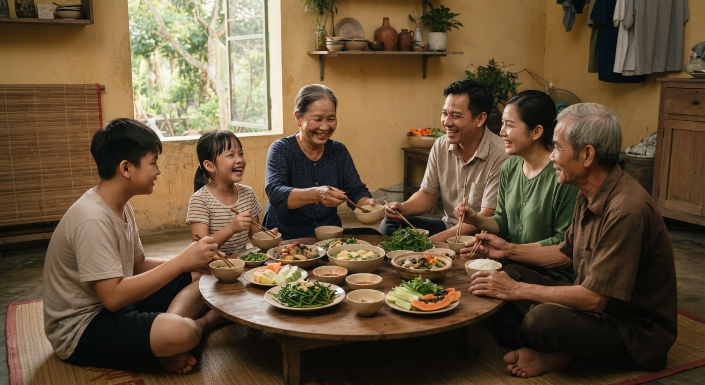 Một gia đình Việt Nam quây quần bên mâm cơm chay ấm cúng với nhiều món rau, đậu, nấm.