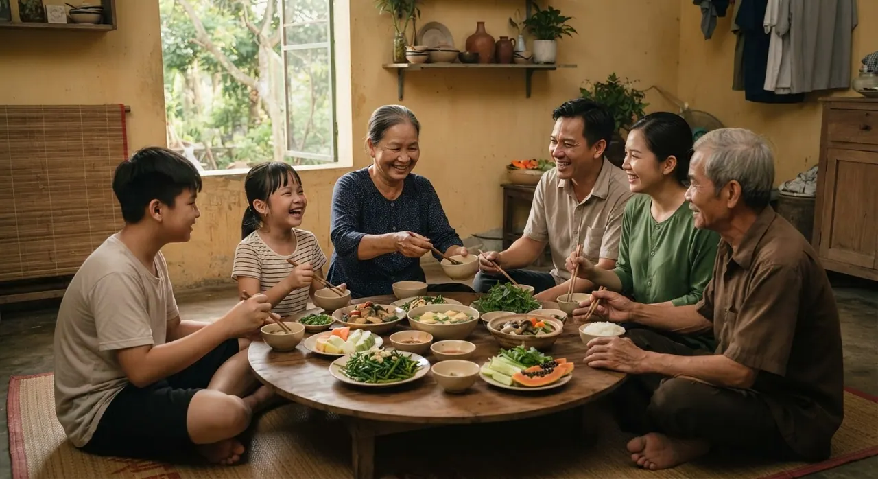 Một gia đình Việt Nam quây quần bên mâm cơm chay ấm cúng với nhiều món rau, đậu, nấm.