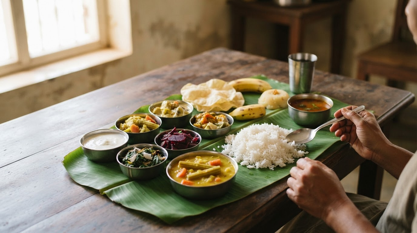 தென்னிந்திய சைவ உணவு வகைகள் நிறைந்த மேசை