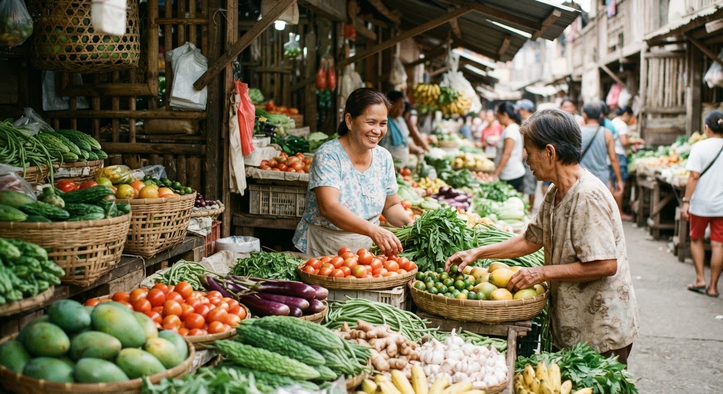 Isang masiglang tindahan sa palengke ng Pilipinas na puno ng sariwang gulay at prutas.