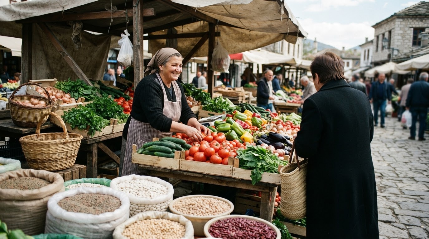Stall market me perime dhe bishtajore të freskëta nga Ballkani